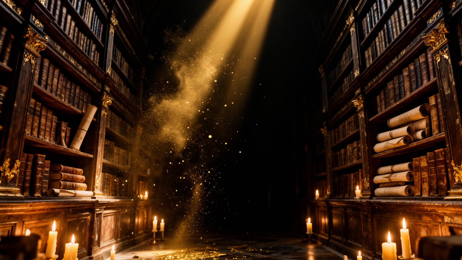 Biblioteca secreta con manuscritos antiguos iluminados por luz dorada